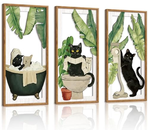 HPNIUB 3PCS Funny Bathrooms Wall Decor, Whimsical Black Cat Wood Sign, 8x16Inch Vintage Cat Toilet Wooden Hanging Sign Botanical Wall Art for Powder Room Restroom Decoration, Lovely Cat Gifts - color: Funny Bathroom Wooden Wall Art