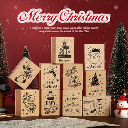 Wooden Rubber Stamp Set, Wood Stamps for Journal, Diary, Scrapbook, Planner, Letter, DIY Craft, Card Making (Chrismas) - color: Chrismas