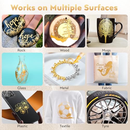 HOTU 5 Pack Super Gold Paint Markers - Metallic Gold Acrylic Paint Pens Glitter Extra Fine Tip 0.7mm for Black Paper,Wood, Rock Painting, Glass, Fabric | Metallic Gold Paint Pens, Water-Based, For Rock Painting, Crafting, Paper, Wood, Glass, Fabric,Metal,