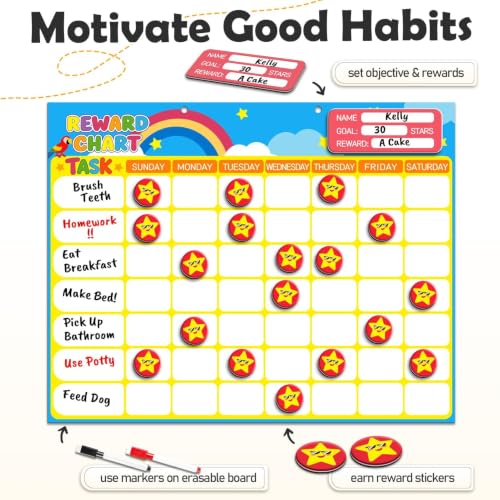 Magnetic Reward Chart for Kids, Customizable Dry Erase Weekly Chore Chart - size: 1 Kid-Stars