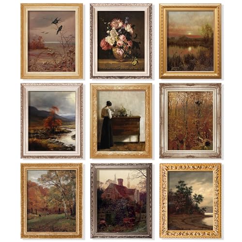 97 Decor Vintage Fall Wall Art, 9 Pcs Farmhouse Prints, 8x10 Unframed | Rustic autumn landscapes, French country decor, neutral moody tones, living room and bedroom, cardstock - color: Rustic Farmhouse