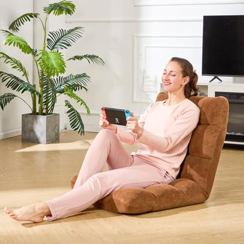 Folding Floor Gaming Chair 14-Poistion Cushioned Adjustable Floor Lazy Sofa Chair w/Breathable Cotton & Skin-Friendly Flannel for Adults & Kids Perfect for Reading Gaming Meditating, Brown - color: Tan