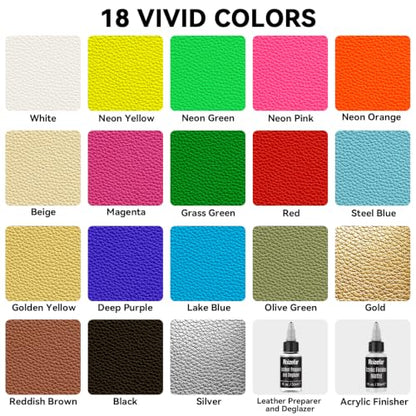 Acrylic Leather Paint, 18 Colors with Deglazer & Finisher | All-in-One Kit, Flexible & Waterproof Leather Dye for Shoes, Bags, Jackets, Sneakers, Couches, Car Seats, Sofa,1 fl oz Each