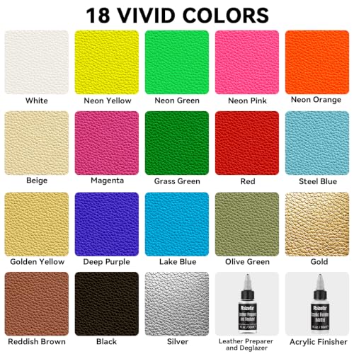 Acrylic Leather Paint, 18 Colors with Deglazer & Finisher | All-in-One Kit, Flexible & Waterproof Leather Dye for Shoes, Bags, Jackets, Sneakers, Couches, Car Seats, Sofa,1 fl oz Each