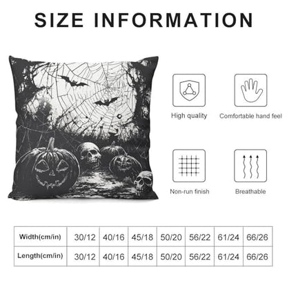 Pumpkins Skulls Spider Web Black White Throw Pillow Covers 18x18 Inch - color: Halloween Pattern Black White