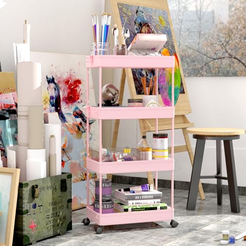 SPACEKEEPER 4 Tier Rolling Cart, Bathroom Cart Organizer with Wheels, Pink - color: Pink, size: 4 Tier