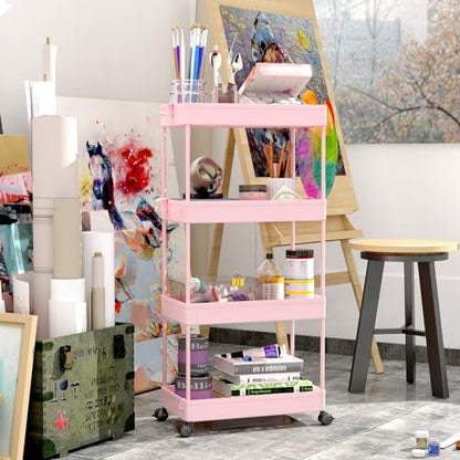 SPACEKEEPER 4 Tier Rolling Cart, Bathroom Cart Organizer with Wheels, Pink - color: Pink, size: 4 Tier