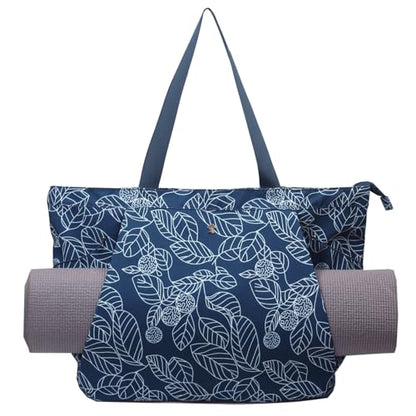 ESVAN Yoga Tote Bag for Women Drawstring Canvas Shoulder Bags for Workout Travel Carryall Pilates Gym and Beach - color: Navy Leaf