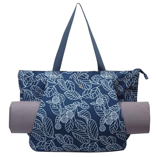 ESVAN Yoga Tote Bag for Women Drawstring Canvas Shoulder Bags for Workout Travel Carryall Pilates Gym and Beach - color: Navy Leaf