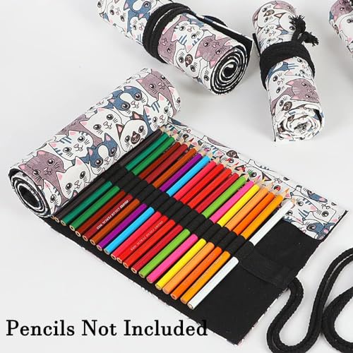 DIYOMR 24/36/72 Slots Pencil Wrap Pencil Rolls, Artist Colored Pencils Roll Up Bag Short Brushes Pouch Case Pencils Organizer for Drawing Coloring and Sketching,No Pencils (Big Headed Cat, 24slots) - color: Big Headed Cat, size: 24slots