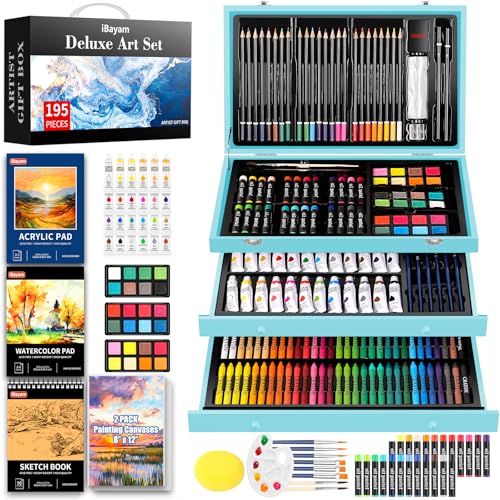 iBayam 195PCS Art Supplies Kit, Sketch Book, Acrylic Pad, Watercolor Pad | Painting, Drawing & Art Supplies for Kids Teens Girls Boys Adult, 195-Pack Deluxe Artist Gift Wooden Case with A4 Canvases - color: Blue