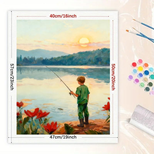 Fishing Scene Paint by Numbers Kit for Adults - DIY Boy Fishing by the Lake at Sunset Painting on Canvas 16x20 inches, Frameless Acrylic Paint Set, Suitable for Beginners, Art for Home Decoration - color: cyy335