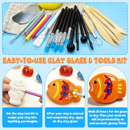 3.4FL OZ Air Dry Clay Glaze & 25pcs Tools Kit, Gloss Protective Sealant | Prevents Cracking, Scratching & Wear, Dotting Tools, Air Dry Clay Sculpting Tools for Carving, Stippling, Molding & Shaping