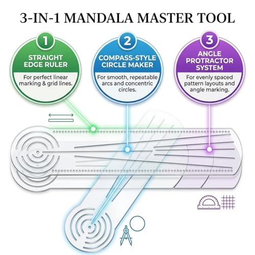 3-in-1 Mandala Ruler Tool with Holes, 3 Size Mandala Dot Art Circle Maker, Compass Protractor Straight Dotting Ruler for DIY Drawing Stencil Mandala Pattern Design