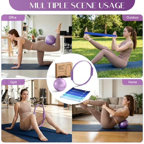 Pilates Kit, 13.5" Pilates Ring with Mini Ball & Resistance Bands | Home Pilates Equipmen Set, Magic Circle Ring with Anti-Slip Handles for Beginners, Workout Guide Included - color: Pilates Kit - Purple