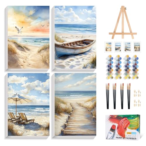 4 Pack Paint by Numbers Kit for Adults with Frame, Beach DIY Painting Kit | with Wooden Easel, DIY Acrylic Painting Craft for Beginners, Stress Relief, Home Wall Decor, Beach Lovers, 8 x 12 Inch - color: CYOP4P02