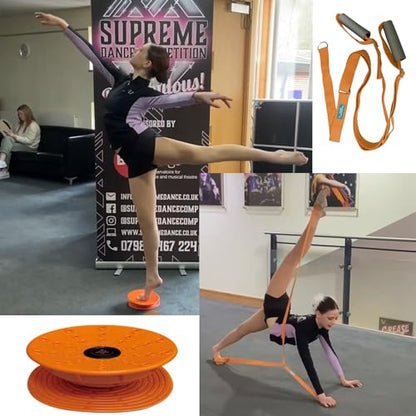 Cheer Flyer Stunt Trainer Balance Board & Leg Stretching Strap 2 Pc Set | For cheer flyers, dance, ballet, gymnastics, flexibility, stability, core strength and home practice