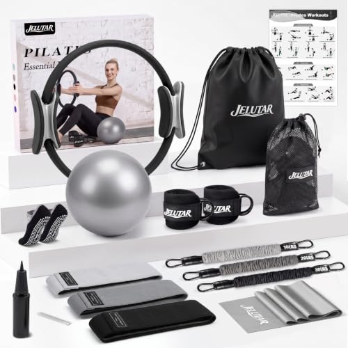 JELUTAR Pilates Kit for Women Home Workout, Pilates Equipment Set | 14”Pilates Ring and Ball, Fabric Resistance Bands, Exercise Band, Ankle Straps, Grip Socks Gym Accessories Fitness Essentials - color: Black