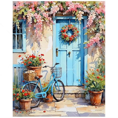 Vintage Bicycle Paint by Numbers Kit for Adults - DIY Blue Bike with Wreath Door and Pink Flowers Painting on Canvas 16x20 Inches, Acrylic Paint Set for Beginners, Art for Home Decoration or Gifts - color: HSX00460, size: 16X20IN Folded