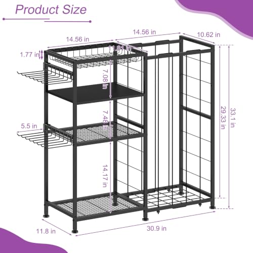 Yoga Mat Holder 4 Tier Home Gym Storage Rack with Hooks and Basket, Metal Sports Equipment Organizer for Dumbbells, Kettlebells, Exercise Balls and Sports Gear, Black
