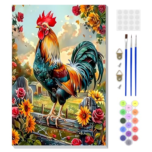 DOMROM Framed Paint by Numbers Kit for Adults, Colorful Rooster DIY Paint by Number Kits on Canvas, Easy Animal Painting by Numbers for Home Wall Decor Gift 8x12 Inch - color: PK038