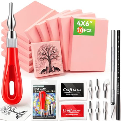 WAYCOM 10-Pack Linoleum Blocks for Printmaking: Linocut kit with Tools & Ink - 4x6 Rubber Carving Blocks - Art Craft Supplies for Beginners & Hobbyists - Gifts for Christmas/Birthday/Art Enthusiast - color: 10 Rubber Blocks + Carving Tool Kit