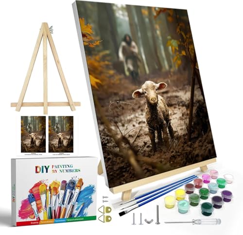 Jesus Paint by Numbers Kit for Adults Framed Canvas, with Wooden Easel | Jesus Canvas Redemption Lost Sheep Number Artist Paint by Number on Canvas, DIY Acrylic Oil Painting Kits 9.45x11.8in - color: YH03436