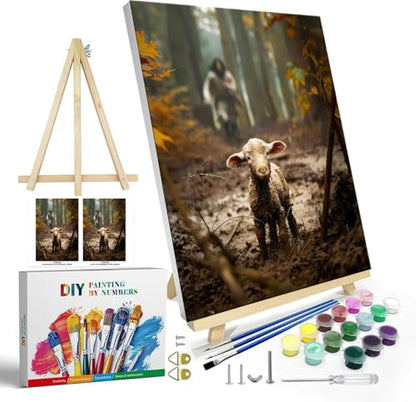 Jesus Paint by Numbers Kit for Adults Framed Canvas, with Wooden Easel | Jesus Canvas Redemption Lost Sheep Number Artist Paint by Number on Canvas, DIY Acrylic Oil Painting Kits 9.45x11.8in - color: YH03436