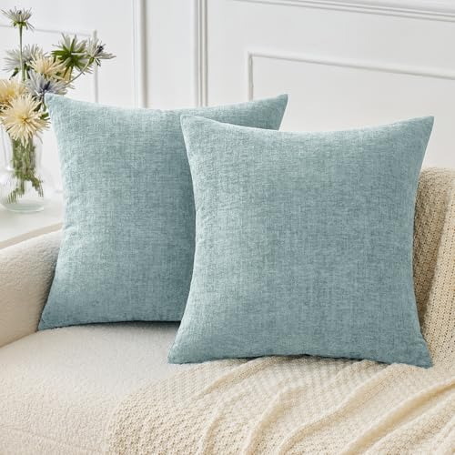 MIULEE Soft Chenille Throw Pillow Covers Light Blue 20x20 Inch Pack of 2 | Modern Home Decor, Classic Decorative Pillows, Solid Dyed Cases, Boho Couch Cushion Covers for Sofa Bed Living Room - color: Light Blue, size: 16" x 16" (Pack of 2)