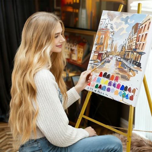57.1" Gold Easel Stand for Sign,Tall Heavy Duty Display Easel | Folding Metal Easel for Wedding Welcome Sign,Poster，Mirror, Painting，Art Display, Photo, 4-Tier Height ，Adjustable Chain - size: high--57.1"