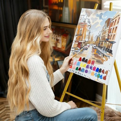 57.1" Gold Easel Stand for Sign,Tall Heavy Duty Display Easel | Folding Metal Easel for Wedding Welcome Sign,Poster，Mirror, Painting，Art Display, Photo, 4-Tier Height ，Adjustable Chain - size: high--57.1"