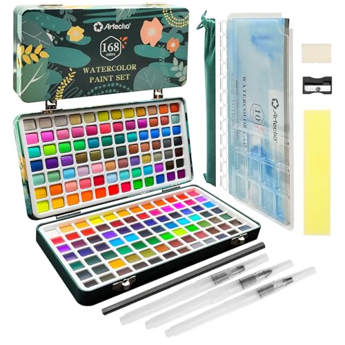 Artecho 168-Color Watercolor Paint Set with Metallics, Tin Case | 168 Colors: 84 Classic, 48 Metallic, 24 Pastel & 12 Fluorescent; Watercolor Pad, 3 Water Brushes and Art Tools Included - style: 168 Colors