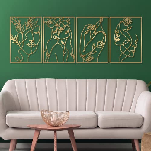 Glamativity 4 Pack Gold Wall Art Decor, Female Flower Face Lover Minimalist Décor Single Line Art Wall Décor, Real Metal Wall Art, Woman's Body Shape Abstract Wall Art, for Kitchen Bedroom Living Room (Gold Floral Lady Style, M Size 17 x 11.8'') - color: