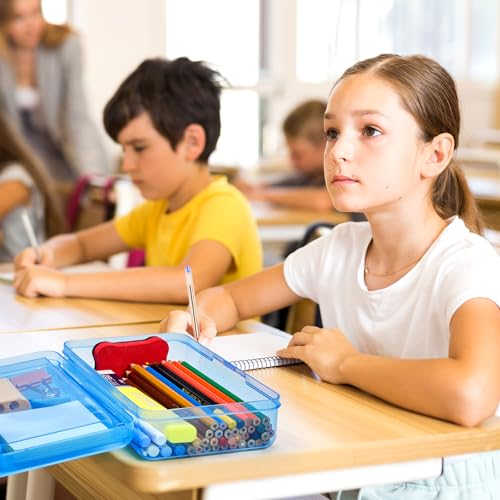 GAMENOTE Plastic Pencil Box with Personalized Sticker,Kid Hard Pencil Case with Snap-tight Lid,Small Art Craft Storage Containers,School Supplies Box for Boys,Girls (Double-Layer Blue) - color: Double-Layer Blue