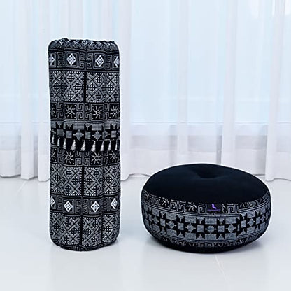 Leewadee Meditation Cushion Set – 1 Small Zafu Yoga Pillow and 1 Small Roll-Up Zabuton Mat Filled with Kapok - color: Cbt4 - Black