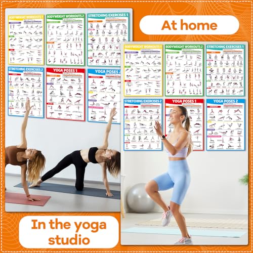 gisgfim 6PCS Workout Posters for Home Gym-Yoga Poses, Stretching and Bodyweight Exercise Charts Yoga Positions Poster Full Body Laminated Fitness Training Guide for Beginners Garage Wall Decor