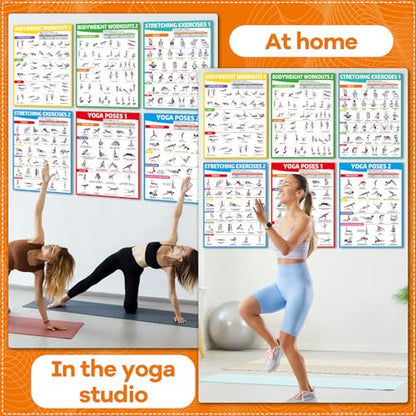 gisgfim 6PCS Workout Posters for Home Gym-Yoga Poses, Stretching and Bodyweight Exercise Charts Yoga Positions Poster Full Body Laminated Fitness Training Guide for Beginners Garage Wall Decor