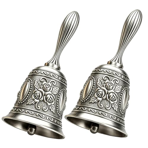 Vintage Silver Hand Bell,Dinner Bell,Embossed Metal Call Bell,2 Pack Small Retro Decorative Bells for Meditation, Home Kitchen Table Service Bell - color: Vintage Silver, size: 2-PACK