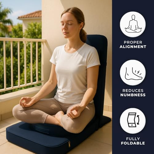 Friends Of Meditation 4-in-1 Folding Buddha Chair – Ergonomic Yoga Seat with Half-Moon Zafu, Detachable Lumbar Support & Carry Case – Navy Blue - color: Navy Blue