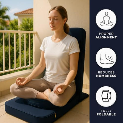Friends Of Meditation 4-in-1 Folding Buddha Chair – Ergonomic Yoga Seat with Half-Moon Zafu, Detachable Lumbar Support & Carry Case – Navy Blue - color: Navy Blue