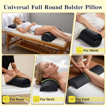 Massage Table Bolster Pillow with Strap Handle, 26 x 8 x 8 In Adjustable Bolster Pillow PU Leather, 1/4 & 3/4 Round Bolster Use Separately or Combine for Leg Neck Knee Support & Pain Relief, Black