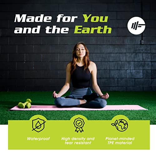 Extra Thick Yoga Mat for Women – TPE 10 mm-Thick Non-Slip Yoga Mat & Nylon Mat Strap – Men’s Fitness & Workout Mats for Home Gym – 26 x 74 In. Indoor-Outdoor Meditation & Exercise Mats by PowX (Pink)