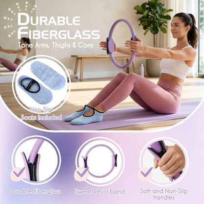 Pilates Ring Set: 35cm Magic Circle with Dual Padded Handles, Pilates Mini Ball, and Resistance Bands (15, 25, 35 lbs) for Strength, Flexibility, Stability, and Body Toning - color: Violet-13