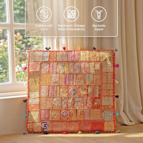 THE ART BOX 35" X 35" Large Boxed Shaped Premium Hypoallergenic Square Stuffer Best for Meditation Floor Pillow Cover, Mandala Ottoman Cushion Cover, Dog Beds, Lounger, Pet Beds - color: Orange