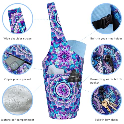 Mandala Yoga Mat Bag with Large Waterproof Zipper Pocket and Drawstring Pocket Long Tote Yoga Mat Carrier Holder Bags Fit Most Size Mats - color: Purple