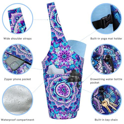 Mandala Yoga Mat Bag with Large Waterproof Zipper Pocket and Drawstring Pocket Long Tote Yoga Mat Carrier Holder Bags Fit Most Size Mats - color: Purple