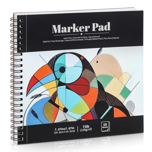 50 Sheets Marker Paper Pad, 7.6×7.6 Inch Bleedproof Art Sketch Pad, 73lb/120gsm Drawing Paper Spiral Sketch Book, Alcohol Marker Paper Painting Coloring Paper for Beginners, Artists, Ideal Gift | Acid-Free Bleed-Resistant Paper, 73lb Marker Sketchbook, Dr