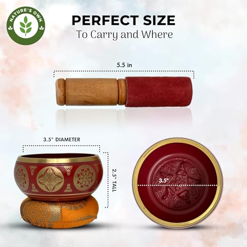 Nature's Own Tibetan Singing Bowl Set- Easy to Play- Meditation Sound Bowl Handcrafted in Nepal for Yoga, Mindfulness, Chakra Healing, Stress Relief- Spiritual Gifts for Women and Men (3.5 Inch, Red) - color: Red