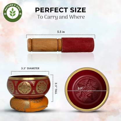 Nature's Own Tibetan Singing Bowl Set- Easy to Play- Meditation Sound Bowl Handcrafted in Nepal for Yoga, Mindfulness, Chakra Healing, Stress Relief- Spiritual Gifts for Women and Men (3.5 Inch, Red) - color: Red