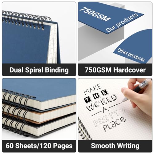 EUSOAR Graphing Notebook, A4 3Packs 8.5"x11" 120 Pages Graph Notebook Spiral, Hardcover Spiral Grid Paper Notebook Composition for Math Science Engineering Artist Drawing-Black/Royal Blue/Kraft - color: Black/Royal Blue/Kraft, size: A4
